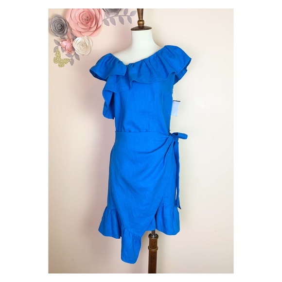 New! GOEN.J Wrap Effect Linen Ruffled Dress in Azure - Picture 5 of 11